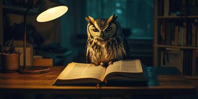 An owl sits on a desk illuminated by a lamp while reading a book surrounded by book shelfs photo