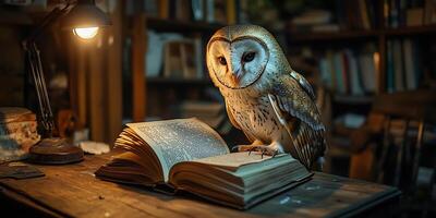 A Barn Owl Perched on an Open Book Under the Warm Glow of a Table Lamp in a Library photo