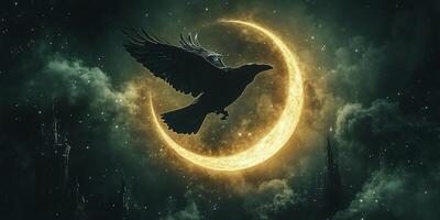 Raven flying in front of a crescent moon with a night sky background and castle silhouette photo
