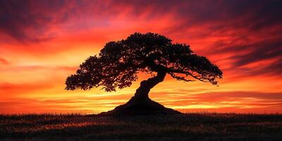 A silhouette of a tree set against a vivid sunset sky displaying a range of red and orange hues photo