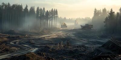 Heavy machinery clearing a forest area with fog, logs and soil in the foreground in the morning light photo