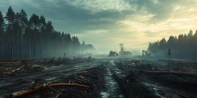 Heavy machinery working in a destroyed forest during early morning light a cloudy sky and fog photo