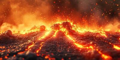 Magma flows and volcanic eruption, hot lava landscape, nature's power in display, fiery environment photo