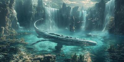 Mystical Water Dragon in Serene Waterfall Setting with Birds and Ancient Ruins photo