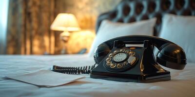 Vintage rotary phone on a bed with a lamp and paper in soft focus background photo