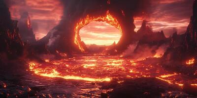 Lava Flowing Through Rocky Landscape under Fiery Sky Creating an Archway of Fire photo