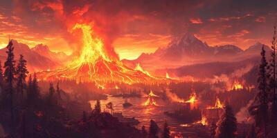 Volcanic Eruption with Lava Flowing Down a Mountain into a Forest and River Scenery photo