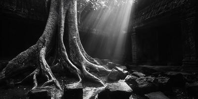 Sunbeams pierce through the cracks of an old stone structure and huge tree roots photo