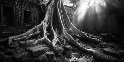 Ancient ruins with large tree roots and sunbeams streaming through openings, creating a dramatic monochrome landscape photo