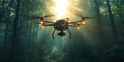 A drone with orange lights flies through a dense forest with sun rays shining through the trees photo