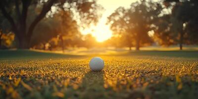 Golf ball on the grass field at sunset with sun rays shining behind trees in the background photo