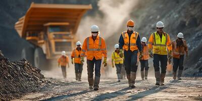 Mining Workers in Safety Gear Walk on a Dusty Road with a Huge Mining Truck in Background photo