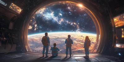 Family in Spaceship viewing Earth and Stars in front of large viewport window, with bright orange glow, futuristic photo