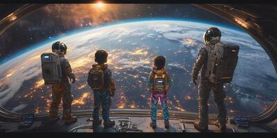 Two astronauts and two children wearing space suits observe Earth from a spaceship window photo