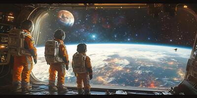 Three astronauts in orange suits look out of a window at space view of a distant planet and stars photo