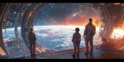 A family stands at the edge of a space station looking at a distant earth and the vastness of space photo