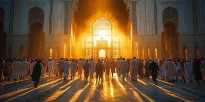 People walking in front of a bright mosque during sunset creating long shadows photo