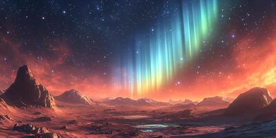 Stunning Cosmic Display of Aurora Borealis on a Distant Planet with Starry Skies photo