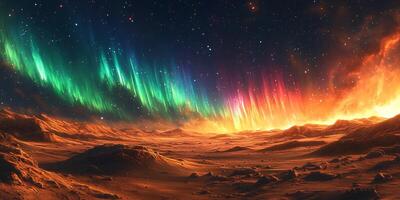 A celestial display of aurora lights over a desert landscape under a starry sky photo