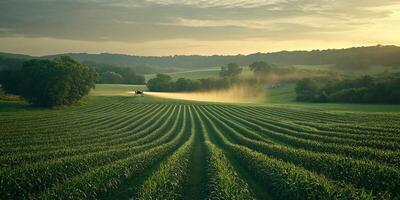 A drone sprays a field of crops at sunrise or sunset with trees in the background photo