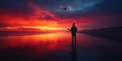 Man silhouetted at sunset on a beach flying a drone, red clouds fill the sky creating an epic landscape photo