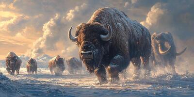 A Majestic Herd of Bison and a Mammoth Traverses a Snowy Landscape at Dusk photo