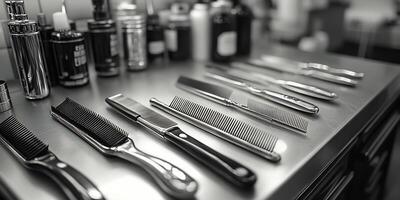 A grayscale close-up of combs and bottles on a metallic surface in a barber shop photo
