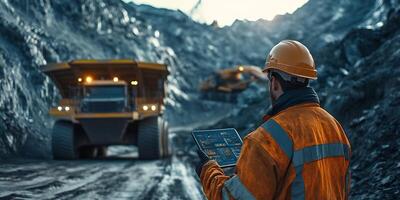 Mining site with a worker in a hardhat using a digital tablet and large trucks in background photo