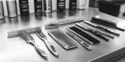 An array of metallic combs and hair products in a high key black and white image photo