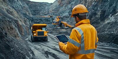Mining engineer uses tablet at open-pit mine to monitor equipment and progress on a construction project photo