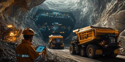 Underground mining operation with heavy machinery and a worker using a tablet photo