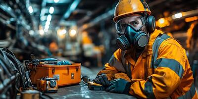 Industrial worker wearing safety gear in a factory setting with tools on a table photo
