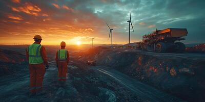 Two Workers Observing Mining Operations and Wind Turbines at Sunset on a Mining Site photo