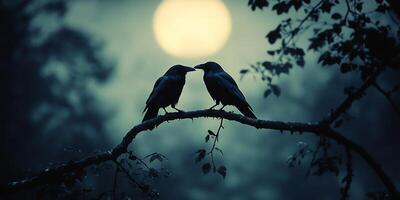Two ravens facing each other perched on a tree branch beneath a full moon at night photo