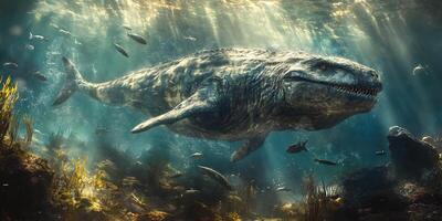 Underwater scene featuring a large marine reptile with other smaller fish around it photo