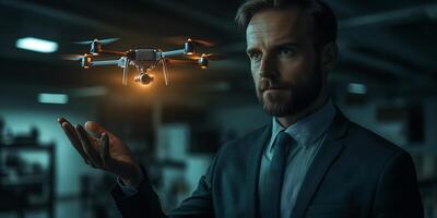 Man in suit holding a small drone in his hand with lights illuminated at dark area photo