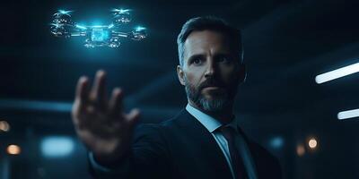 Man in suit gesturing towards a glowing drone in a dark setting with artificial lighting photo