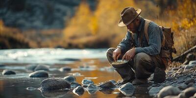 A man with a hat and backpack is sifting through river rocks near a flowing stream on a sunny day photo