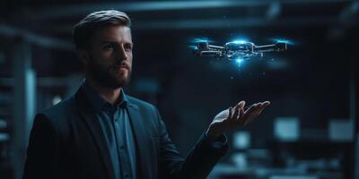 Man in suit with beard holds hand out while glowing drone hovers above it in dark room photo