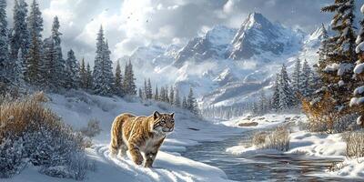 A stunning image of a tiger in a snowy winter landscape with snow-covered trees and mountains in the background photo