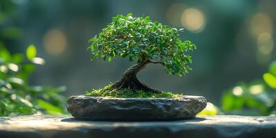 A serene bonsai tree with lush green leaves rests on a stone base, against blurred background photo
