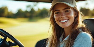 Smiling woman with a beige cap sitting in a vehicle with a green field background photo