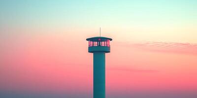 A minimalist image of a tall observation tower against a soft gradient sky at sunset photo