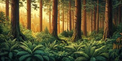 Sunlight filters through tall trees, illuminating ferns and foliage in a peaceful forest scene photo