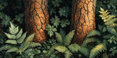 Close-up forest view of two tree trunks and ferns and other green plants creating a lush scene photo