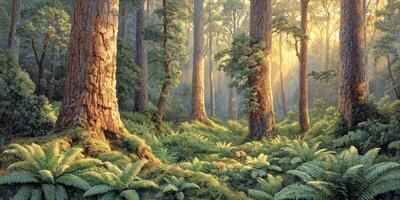 Sunlight filters through the ancient Redwood forest illuminating the lush ferns below photo