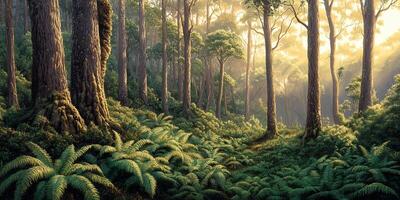 Enchanted Forest with Sun Rays Shining Through Tall Trees and Green Ferns photo