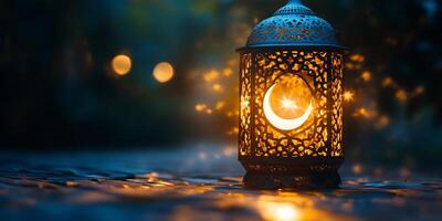 Ramadan lantern casting warm light in a dark night with moon and stars around it photo