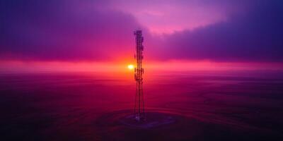 A telecommunication tower at sunset with a magenta and pink sky and a cloud photo