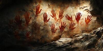 Ancient cave paintings of red handprints on a rough stone wall inside a cave illuminated photo